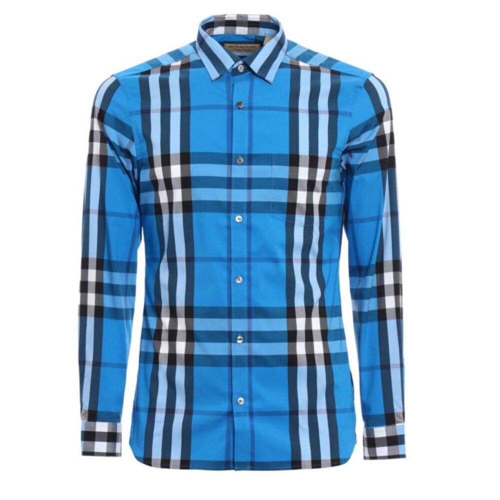 BURBERRY Brit Mens Nelson Checked Plaid Cotton Shirt Blue Black Size Small